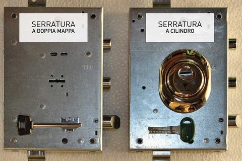 Serratura a doppia mappa e serratura a cilindro affiancate, ognuna con la sua chiave